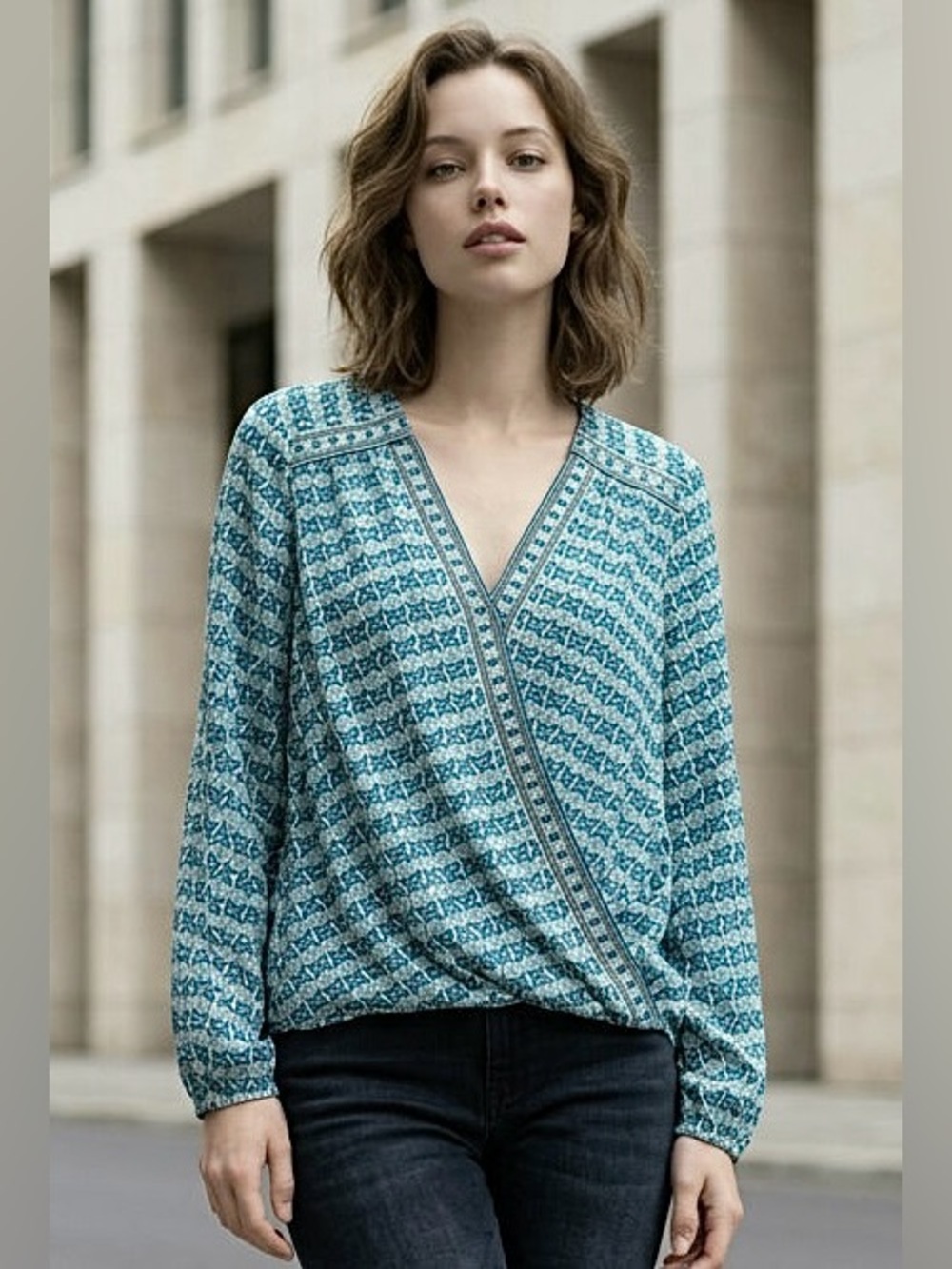 2 for $20 Max Studio Faux Wrap Hi-Lo Blouse Abstract Print Teal Size L NWOT